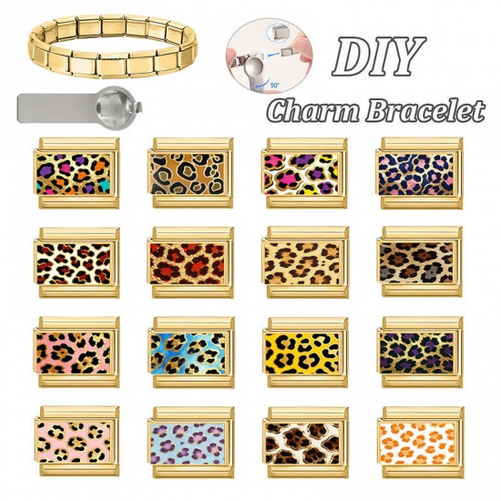 Picture of 1 Piece 304 Stainless Steel Italian Charm Links For DIY Bracelet Jewelry Making Wholesale Gold Plated Brown Rectangle Leopard Print 10mm x 9mm