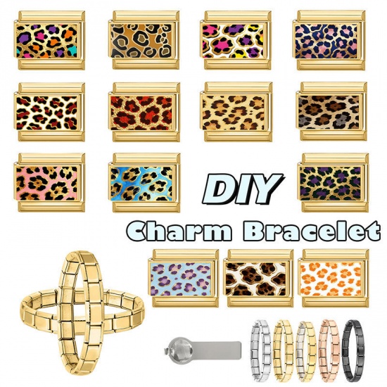 Picture of 1 Piece 304 Stainless Steel Italian Charm Links For DIY Bracelet Jewelry Making Wholesale Gold Plated Brown Rectangle Leopard Print 10mm x 9mm
