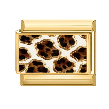 Picture of 1 Piece 304 Stainless Steel Italian Charm Links For DIY Bracelet Jewelry Making Wholesale Gold Plated Coffee Rectangle Leopard Print 10mm x 9mm