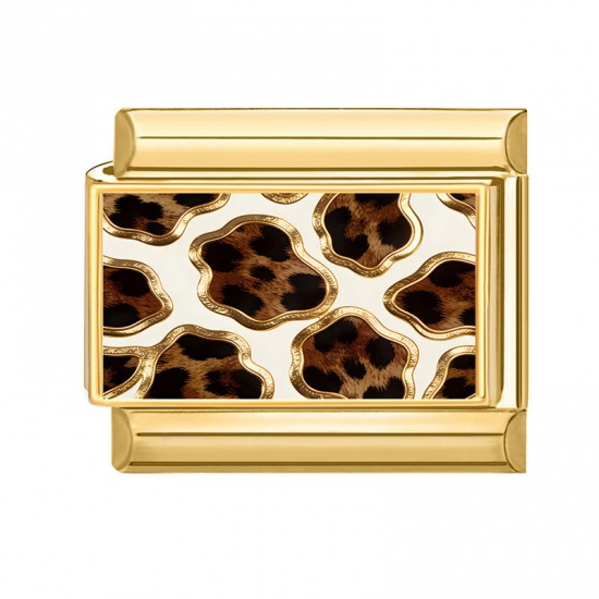 Picture of 1 Piece 304 Stainless Steel Italian Charm Links For DIY Bracelet Jewelry Making Wholesale Gold Plated Coffee Rectangle Leopard Print 10mm x 9mm