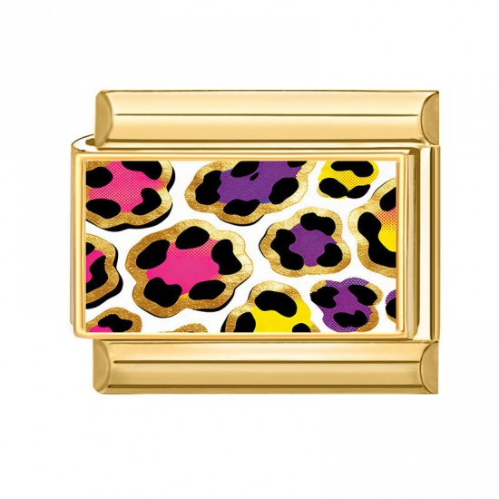 Picture of 1 Piece 304 Stainless Steel Italian Charm Links For DIY Bracelet Jewelry Making Wholesale Gold Plated Multicolor Rectangle Leopard Print 10mm x 9mm