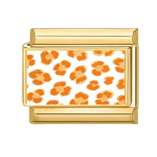 Picture of 1 Piece 304 Stainless Steel Italian Charm Links For DIY Bracelet Jewelry Making Wholesale Gold Plated Orange Rectangle Leopard Print 10mm x 9mm