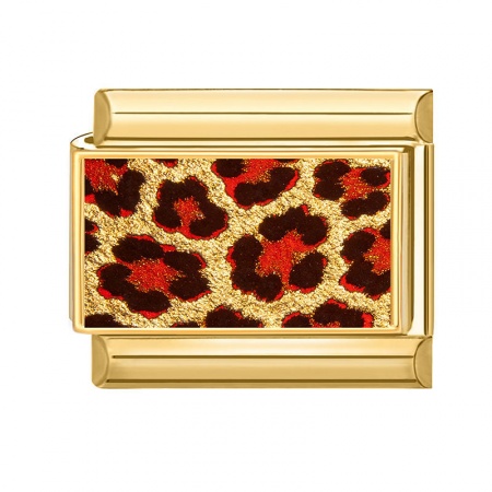 Picture of 1 Piece 304 Stainless Steel Italian Charm Links For DIY Bracelet Jewelry Making Wholesale Gold Plated Red Rectangle Leopard Print 10mm x 9mm