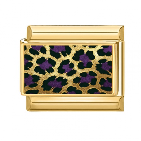 Picture of 1 Piece 304 Stainless Steel Italian Charm Links For DIY Bracelet Jewelry Making Wholesale Gold Plated Dark Purple Rectangle Leopard Print 10mm x 9mm