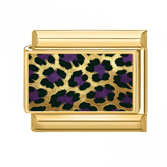 Picture of 1 Piece 304 Stainless Steel Italian Charm Links For DIY Bracelet Jewelry Making Wholesale Gold Plated Dark Purple Rectangle Leopard Print 10mm x 9mm