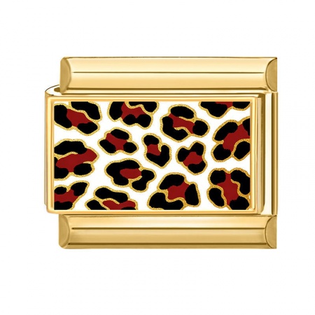 Picture of 1 Piece 304 Stainless Steel Italian Charm Links For DIY Bracelet Jewelry Making Wholesale Gold Plated Coffee Rectangle Leopard Print 10mm x 9mm