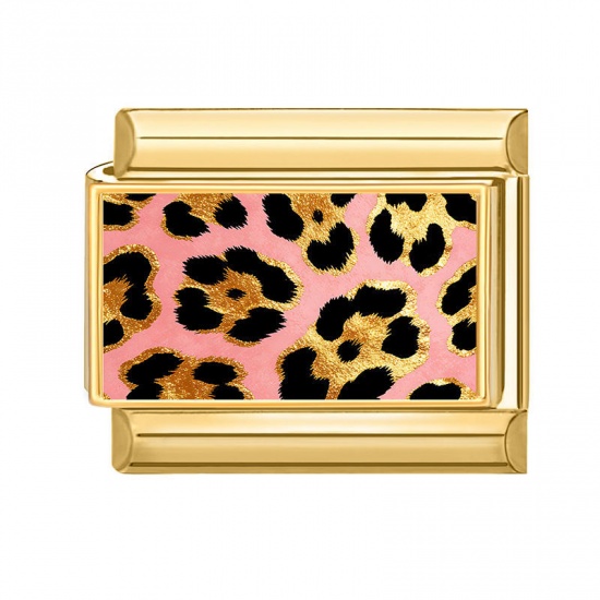 Picture of 1 Piece 304 Stainless Steel Italian Charm Links For DIY Bracelet Jewelry Making Wholesale Gold Plated Pink Rectangle Leopard Print 10mm x 9mm