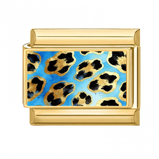 Picture of 1 Piece 304 Stainless Steel Italian Charm Links For DIY Bracelet Jewelry Making Wholesale Gold Plated Blue Rectangle Leopard Print 10mm x 9mm