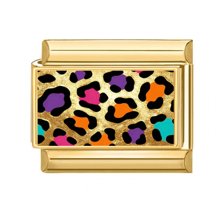 Picture of 1 Piece 304 Stainless Steel Italian Charm Links For DIY Bracelet Jewelry Making Wholesale Gold Plated Multicolor Rectangle Leopard Print 10mm x 9mm