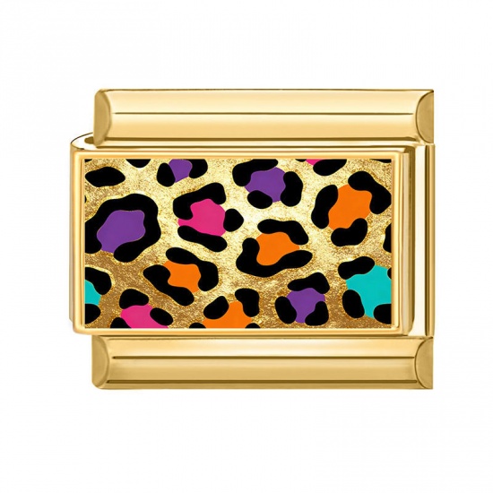 Picture of 1 Piece 304 Stainless Steel Italian Charm Links For DIY Bracelet Jewelry Making Wholesale Gold Plated Multicolor Rectangle Leopard Print 10mm x 9mm