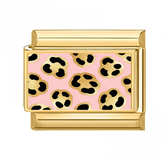 Picture of 1 Piece 304 Stainless Steel Italian Charm Links For DIY Bracelet Jewelry Making Wholesale Gold Plated Light Pink Rectangle Leopard Print 10mm x 9mm
