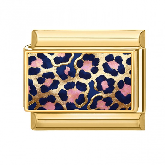 Picture of 1 Piece 304 Stainless Steel Italian Charm Links For DIY Bracelet Jewelry Making Wholesale Gold Plated Pink Rectangle Leopard Print 10mm x 9mm