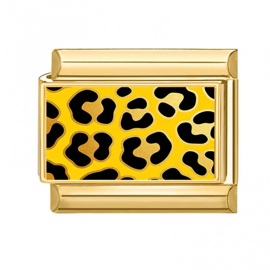 Picture of 1 Piece 304 Stainless Steel Italian Charm Links For DIY Bracelet Jewelry Making Wholesale Gold Plated Golden Yellow Rectangle Leopard Print 10mm x 9mm