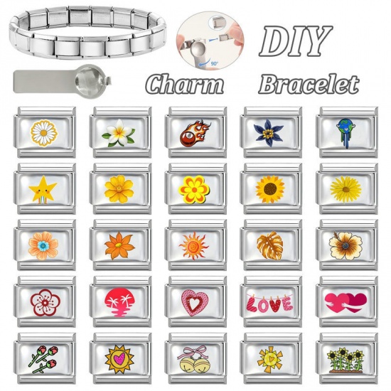 Picture of 1 Piece 304 Stainless Steel Italian Charm Links For DIY Bracelet Jewelry Making Wholesale Silver Tone Orange Rectangle Flower 10mm x 9mm