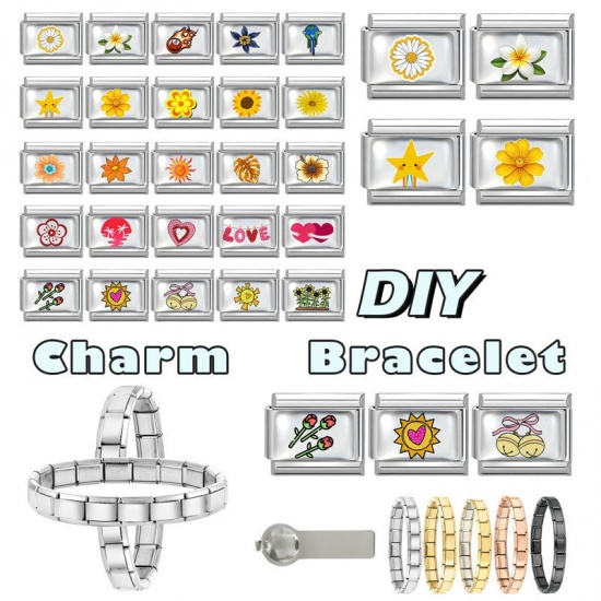 Picture of 1 Piece 304 Stainless Steel Italian Charm Links For DIY Bracelet Jewelry Making Wholesale Silver Tone Orange Rectangle Flower 10mm x 9mm