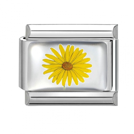 Picture of 1 Piece 304 Stainless Steel Italian Charm Links For DIY Bracelet Jewelry Making Wholesale Silver Tone Yellow Rectangle Daisy Flower 10mm x 9mm