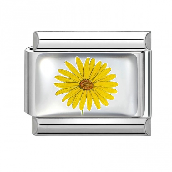 Picture of 1 Piece 304 Stainless Steel Italian Charm Links For DIY Bracelet Jewelry Making Wholesale Silver Tone Yellow Rectangle Daisy Flower 10mm x 9mm