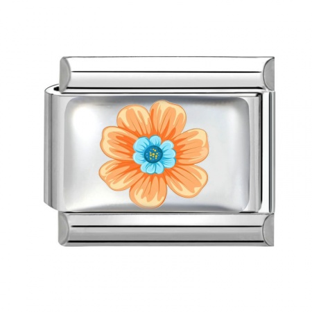Picture of 1 Piece 304 Stainless Steel Italian Charm Links For DIY Bracelet Jewelry Making Wholesale Silver Tone Orange Rectangle Flower 10mm x 9mm