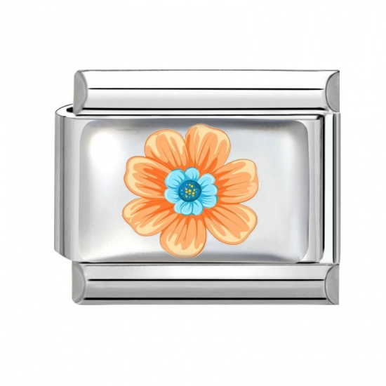 Picture of 1 Piece 304 Stainless Steel Italian Charm Links For DIY Bracelet Jewelry Making Wholesale Silver Tone Orange Rectangle Flower 10mm x 9mm