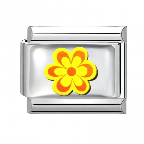 Picture of 1 Piece 304 Stainless Steel Italian Charm Links For DIY Bracelet Jewelry Making Wholesale Silver Tone Yellow Rectangle Flower 10mm x 9mm