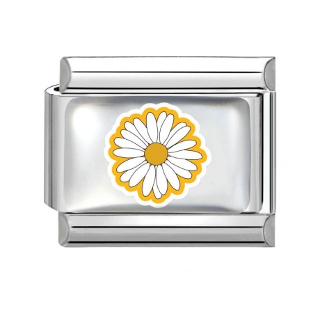 Picture of 1 Piece 304 Stainless Steel Italian Charm Links For DIY Bracelet Jewelry Making Wholesale Silver Tone White Rectangle Daisy Flower 10mm x 9mm