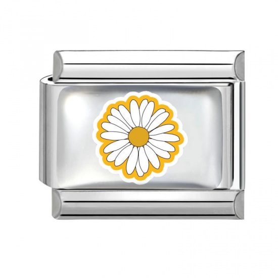 Picture of 1 Piece 304 Stainless Steel Italian Charm Links For DIY Bracelet Jewelry Making Wholesale Silver Tone White Rectangle Daisy Flower 10mm x 9mm