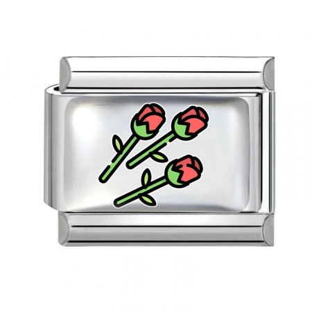 Picture of 1 Piece 304 Stainless Steel Italian Charm Links For DIY Bracelet Jewelry Making Wholesale Silver Tone Red Rectangle Rose Flower 10mm x 9mm