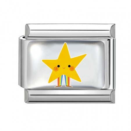 Picture of 1 Piece 304 Stainless Steel Italian Charm Links For DIY Bracelet Jewelry Making Wholesale Silver Tone Yellow Rectangle Pentagram Star 10mm x 9mm