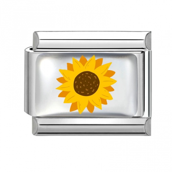 Picture of 1 Piece 304 Stainless Steel Italian Charm Links For DIY Bracelet Jewelry Making Wholesale Silver Tone Orange Rectangle Sunflower 10mm x 9mm
