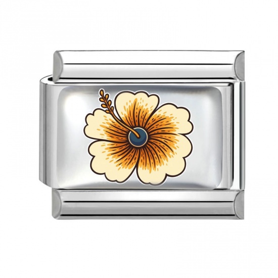 Picture of 1 Piece 304 Stainless Steel Italian Charm Links For DIY Bracelet Jewelry Making Wholesale Silver Tone Yellow Rectangle Flower 10mm x 9mm