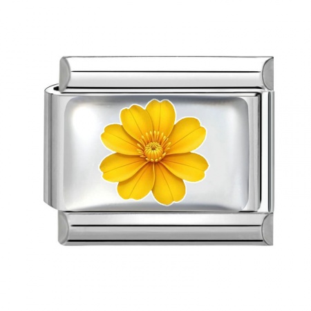 Picture of 1 Piece 304 Stainless Steel Italian Charm Links For DIY Bracelet Jewelry Making Wholesale Silver Tone Yellow Rectangle Flower 10mm x 9mm
