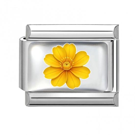 Picture of 1 Piece 304 Stainless Steel Italian Charm Links For DIY Bracelet Jewelry Making Wholesale Silver Tone Yellow Rectangle Flower 10mm x 9mm