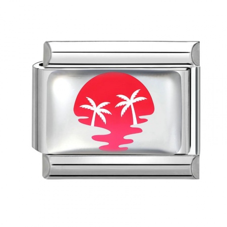 Picture of 1 Piece 304 Stainless Steel Italian Charm Links For DIY Bracelet Jewelry Making Wholesale Silver Tone Red Rectangle Sunset 10mm x 9mm