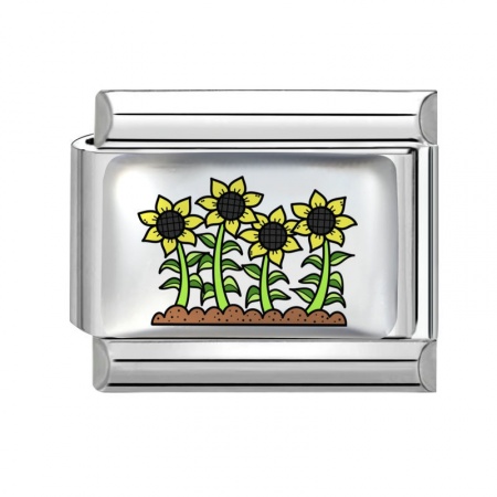 Picture of 1 Piece 304 Stainless Steel Italian Charm Links For DIY Bracelet Jewelry Making Wholesale Silver Tone Yellow Rectangle Sunflower 10mm x 9mm