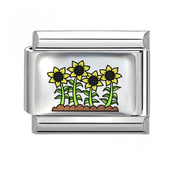 Picture of 1 Piece 304 Stainless Steel Italian Charm Links For DIY Bracelet Jewelry Making Wholesale Silver Tone Yellow Rectangle Sunflower 10mm x 9mm