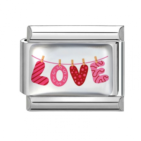 Picture of 1 Piece 304 Stainless Steel Valentine's Day Italian Charm Links For DIY Bracelet Jewelry Making Wholesale Silver Tone Red Rectangle Message " LOVE " 10mm x 9mm