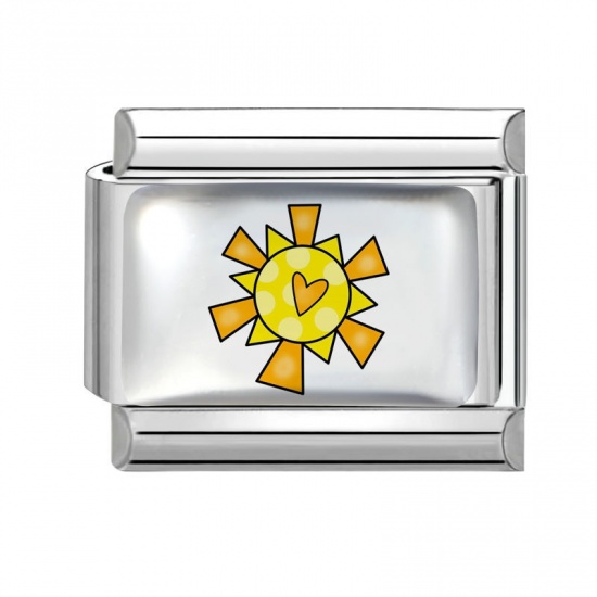 Picture of 1 Piece 304 Stainless Steel Italian Charm Links For DIY Bracelet Jewelry Making Wholesale Silver Tone Yellow Rectangle Sun 10mm x 9mm