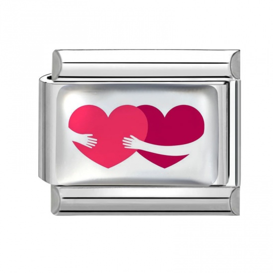 Picture of 1 Piece 304 Stainless Steel Valentine's Day Italian Charm Links For DIY Bracelet Jewelry Making Wholesale Silver Tone Red Rectangle Heart 10mm x 9mm