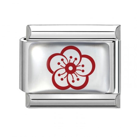 Picture of 1 Piece 304 Stainless Steel Italian Charm Links For DIY Bracelet Jewelry Making Wholesale Silver Tone Red Rectangle Flower 10mm x 9mm