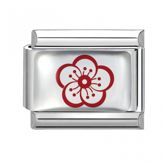 Picture of 1 Piece 304 Stainless Steel Italian Charm Links For DIY Bracelet Jewelry Making Wholesale Silver Tone Red Rectangle Flower 10mm x 9mm