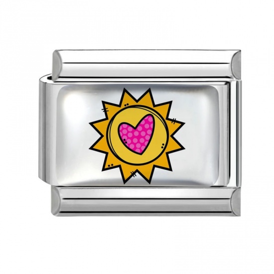 Picture of 1 Piece 304 Stainless Steel Italian Charm Links For DIY Bracelet Jewelry Making Wholesale Silver Tone Yellow Rectangle Sun 10mm x 9mm
