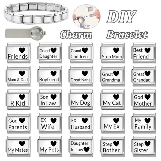 Picture of 1 Piece 304 Stainless Steel Italian Charm Links For DIY Bracelet Jewelry Making Wholesale Silver Tone Black Rectangle Heart Message " Friends " 10mm x 9mm