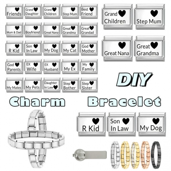 Picture of 1 Piece 304 Stainless Steel Italian Charm Links For DIY Bracelet Jewelry Making Wholesale Silver Tone Black Rectangle Heart Message " Friends " 10mm x 9mm