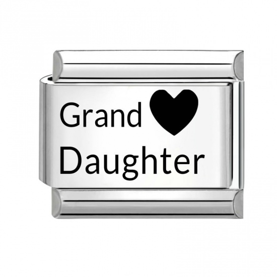 Picture of 1 Piece 304 Stainless Steel Italian Charm Links For DIY Bracelet Jewelry Making Wholesale Silver Tone Black Rectangle Heart Message " Granddaughter " 10mm x 9mm