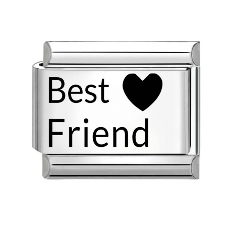 Picture of 1 Piece 304 Stainless Steel Italian Charm Links For DIY Bracelet Jewelry Making Wholesale Silver Tone Black Rectangle Heart Message " Best Friend " 10mm x 9mm