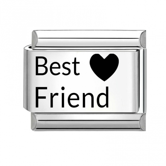 Picture of 1 Piece 304 Stainless Steel Italian Charm Links For DIY Bracelet Jewelry Making Wholesale Silver Tone Black Rectangle Heart Message " Best Friend " 10mm x 9mm