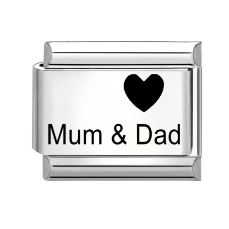 Picture of 1 Piece 304 Stainless Steel Italian Charm Links For DIY Bracelet Jewelry Making Wholesale Silver Tone Black Rectangle Heart Message " Mum & Dad " 10mm x 9mm