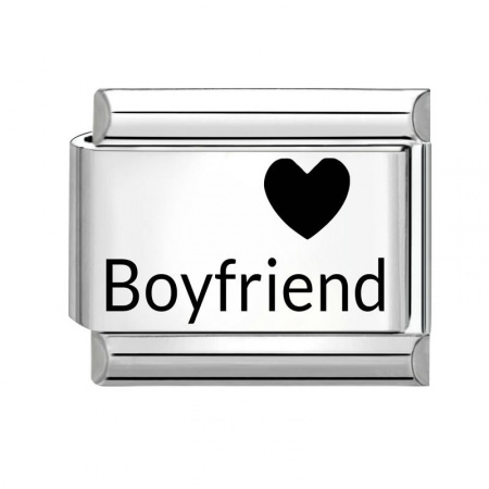 Picture of 1 Piece 304 Stainless Steel Italian Charm Links For DIY Bracelet Jewelry Making Wholesale Silver Tone Black Rectangle Heart Message " Boyfriend " 10mm x 9mm