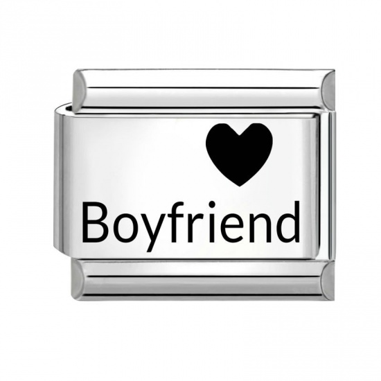 Picture of 1 Piece 304 Stainless Steel Italian Charm Links For DIY Bracelet Jewelry Making Wholesale Silver Tone Black Rectangle Heart Message " Boyfriend " 10mm x 9mm