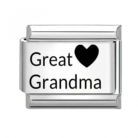 Picture of 1 Piece 304 Stainless Steel Italian Charm Links For DIY Bracelet Jewelry Making Wholesale Silver Tone Black Rectangle Heart Message " Great Grandma " 10mm x 9mm